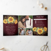 Rustikales Burgundy Wood Sunflowers Foto Wedding Dreifach Gefaltete Einladung (Innenseite)