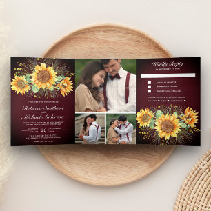 Rustikales Burgundy Wood Sunflowers Foto Wedding Dreifach Gefaltete Einladung