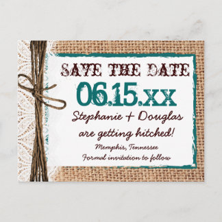 Rustikales Burlap Aquamarine Save the Date Postkar Ankündigungspostkarte