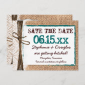 Rustikales Burlap Aquamarine Save the Date Postkar Ankündigungspostkarte (Vorne/Hinten)