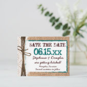 Rustikales Burlap Aquamarine Save the Date Postkar Ankündigungspostkarte (Stehend Vorderseite)