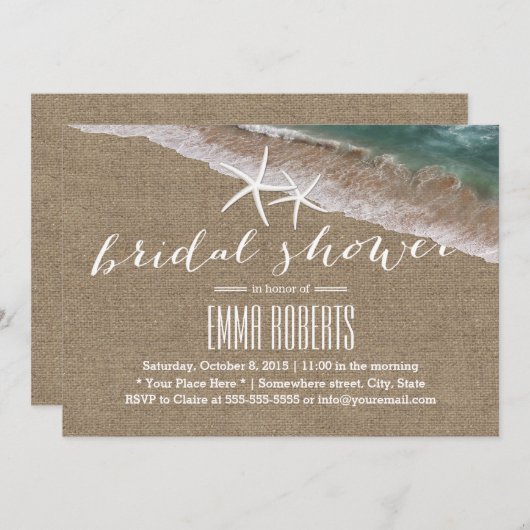 Rustikales Burlap Beach & Starfish Brautparty Einladung (Vorne/Hinten)