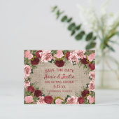 Rustikales Burlap Burgundy Blush Pink Floral Rett Postkarte (Stehend Vorderseite)