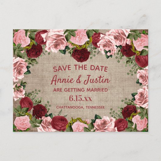 Rustikales Burlap Burgundy Blush Pink Floral Rett Postkarte (Vorderseite)