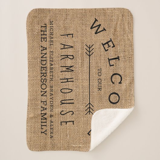 Rustikales Burlap Country Willkommen in unserem Ba Sherpadecke (Vorderseite)