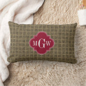 Rustikales Burlap Cranberry Quatrefolie 3 Monogram Lendenkissen (Decke)