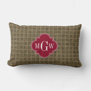 Rustikales Burlap Cranberry Quatrefolie 3 Monogram Lendenkissen
