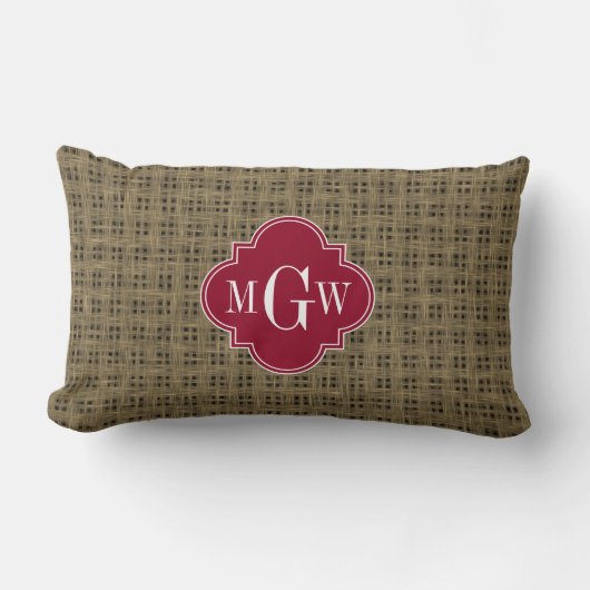 Rustikales Burlap Cranberry Quatrefolie 3 Monogram Lendenkissen (Vorderseite)