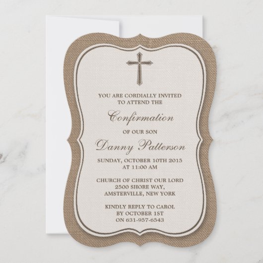 Rustikales Burlap Cross Heilige Kommunion oder Bes Einladung (Vorderseite)