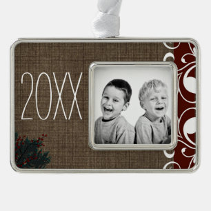 Rustikales Burlap Custom Foto Year Rahmen-Ornament Silber