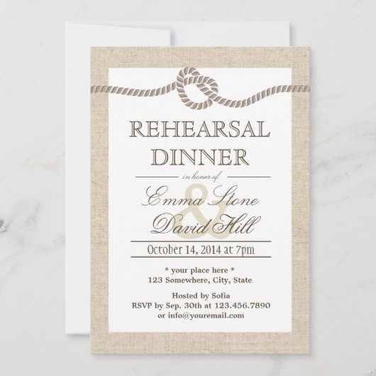 Rustikales Burlap - Das Knot-Probe-Dinner Einladung (Vorderseite)
