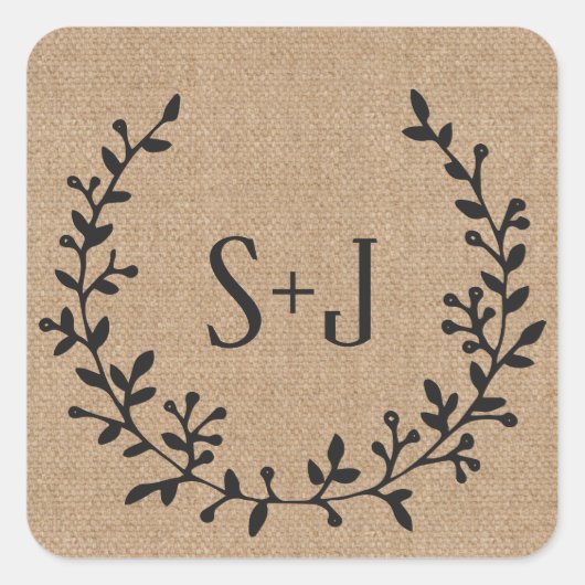 Rustikales Burlap Elegantes Black Wreath Wedding S Quadratischer Aufkleber (Vorderseite)