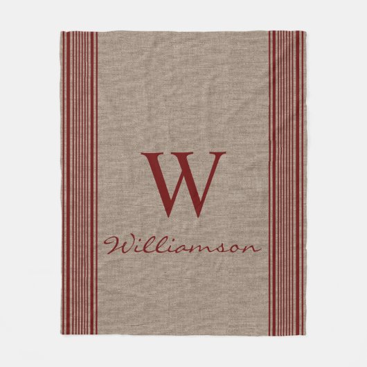 Rustikales Burlap Farmhouse Ticking Strip Monogram Fleecedecke (Vorderseite)
