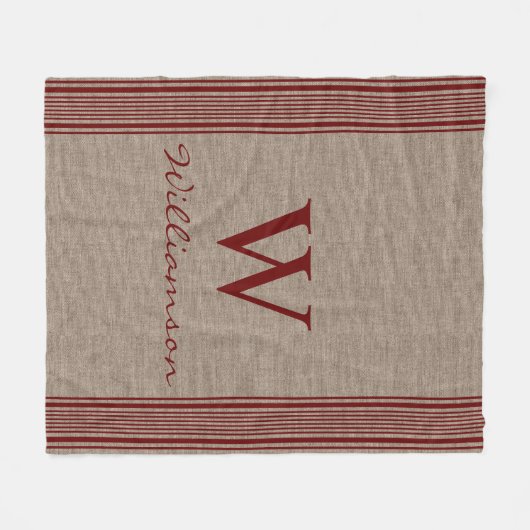 Rustikales Burlap Farmhouse Ticking Strip Monogram Fleecedecke (Vorderseite (Horizontal))