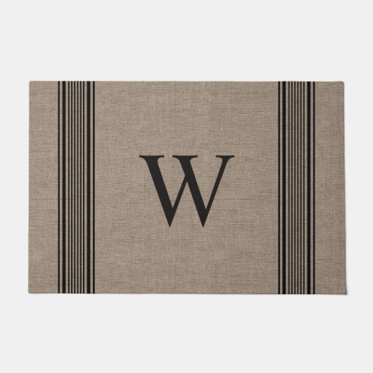 Rustikales Burlap Farmhouse Ticking Strip Monogram Fußmatte (Vorderseite)
