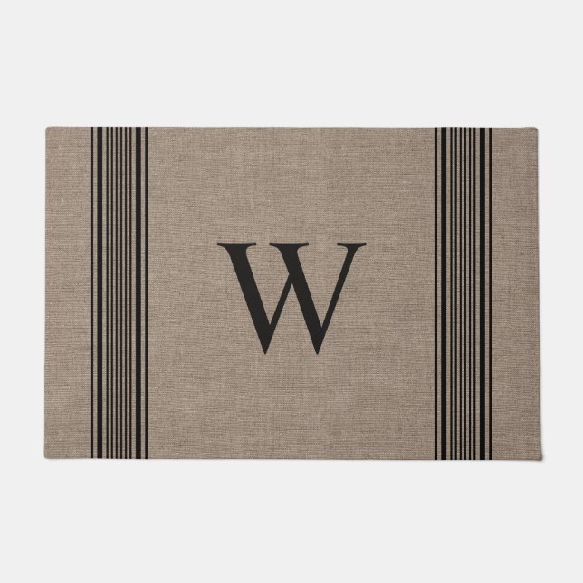 Rustikales Burlap Farmhouse Ticking Strip Monogram Fußmatte (Vorderseite)