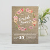 Rustikales Burlap Floral Wreath Brautparty Einladu Einladung (Stehend Vorderseite)