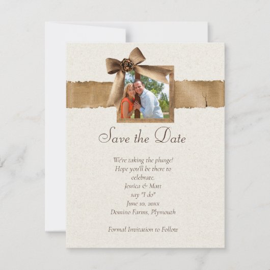 Rustikales Burlap-Foto Save the Date Einladung (Vorderseite)