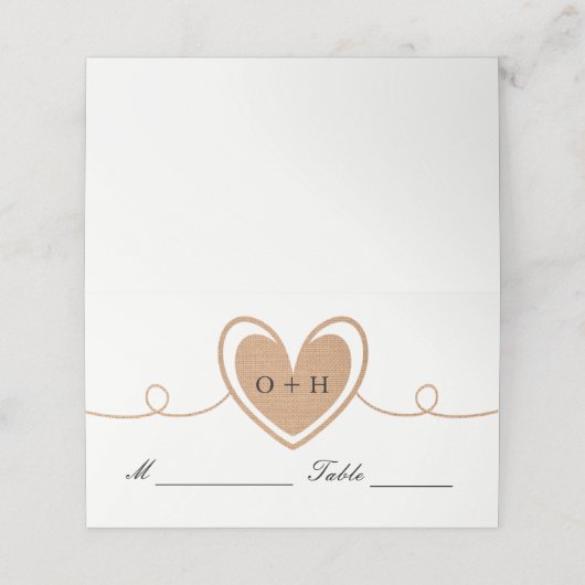 Rustikales Burlap Herz | Hochzeitsplatzkarten Platzkarte (Außenseite Aufgefaltet)