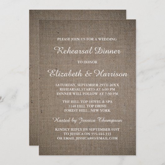 Rustikales Burlap Hochzeit Probe Dinner Einladung (Vorne/Hinten)