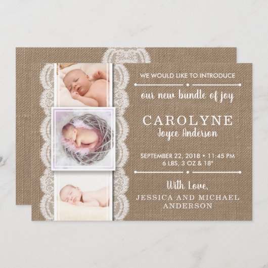 Rustikales Burlap & Lace | 3 Foto Geburtsankündigu Ankündigung (Vorne/Hinten)