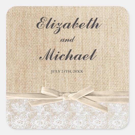 Rustikales Burlap Lace Elfenbeinküste - Gefallen-L Quadratischer Aufkleber (Vorderseite)