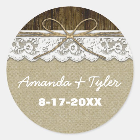Rustikales Burlap Lace Gastgeschenk Hochzeit Stick Runder Aufkleber (Vorderseite)