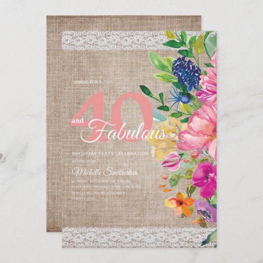 Rustikales Burlap Lace Pink Blue Floral 40. Geburt Einladung (Vorne/Hinten)