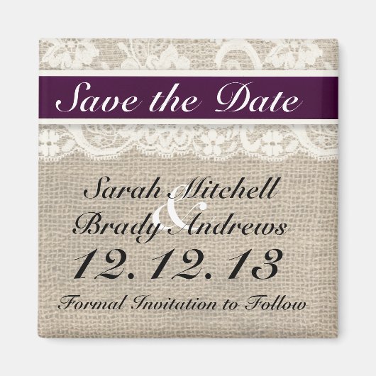 Rustikales Burlap Lace Plum Speichern Sie das Date Magnet (Vorne)