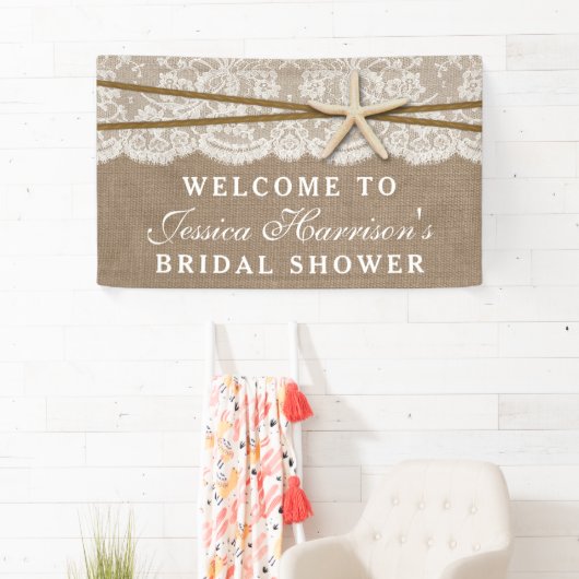 Rustikales Burlap, Lace & Starfish Beach Brautpart Banner (Insitu)