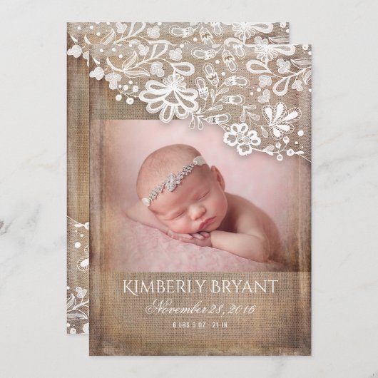 Rustikales Burlap Lace String Lights Foto Baby Bir Ankündigung (Vorne/Hinten)