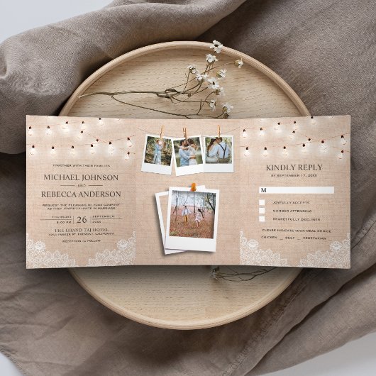 Rustikales Burlap Lace String Lights Foto Hochzeit Dreifach Gefaltete Einladung