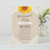 Rustikales Burlap & Lace Sunflower Rentirement Par Einladung (Stehend Vorderseite)