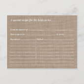 Rustikales Burlap Lace Twine Bow Brautparty Rezept Einladungspostkarte (Rückseite)
