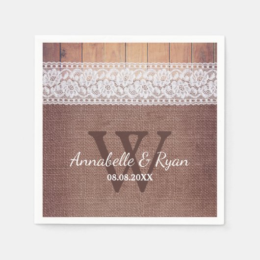Rustikales Burlap Lace & Wood | Monogramm-Hochzeit Serviette (Vorderseite)