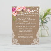 Rustikales Burlap Lights Lace Floral Brautparty Einladung (Stehend Vorderseite)