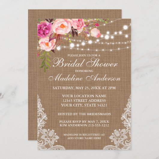 Rustikales Burlap Lights Lace Floral Brautparty Einladung (Vorne/Hinten)