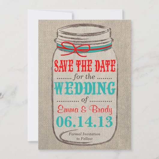 Rustikales Burlap & Mason Jar Wedding retten das D Save The Date (Vorderseite)