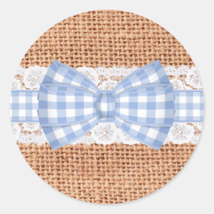 Rustikales Burlap mit Blue Gingham Wedding Runder Aufkleber