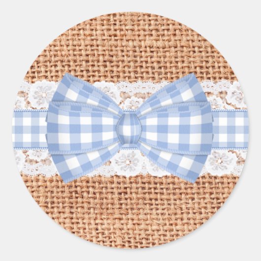 Rustikales Burlap mit Blue Gingham Wedding Runder Aufkleber (Vorderseite)