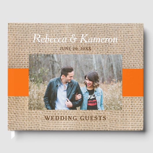 Rustikales Burlap Orange Foto Wedding Gästebuch (Vorderseite)