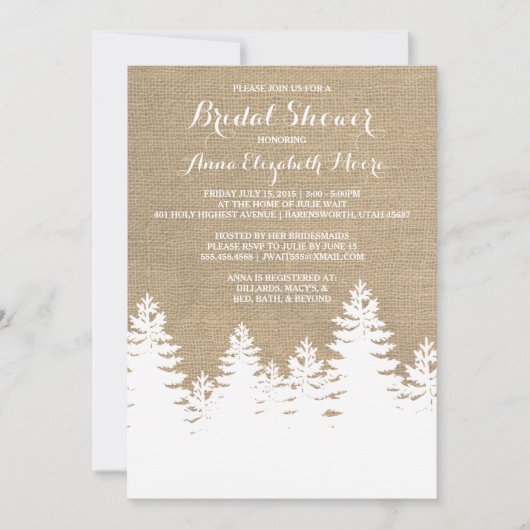 Rustikales Burlap Pine Trees Winter Brautparty Einladung (Vorderseite)