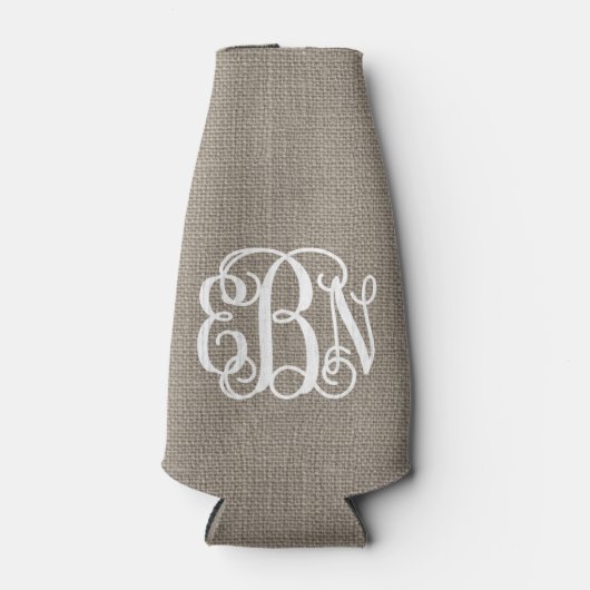 Rustikales Burlap Preppy Script Monogram Flaschenkühler (Vorderseite)