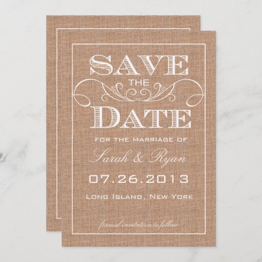 Rustikales Burlap Print Ankündigung Datum freihalt (Vorne/Hinten)