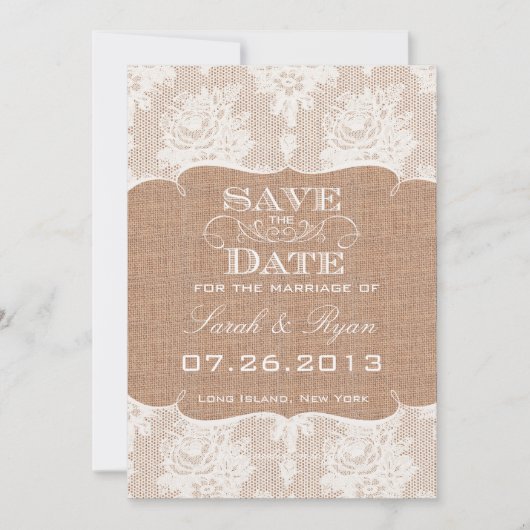 Rustikales Burlap Print & Lace Save the Date (Vorderseite)