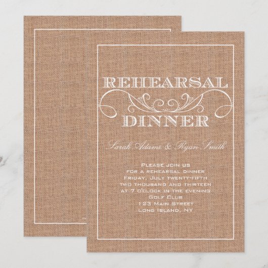 Rustikales Burlap Print Probe Dinner Einladung (Vorne/Hinten)