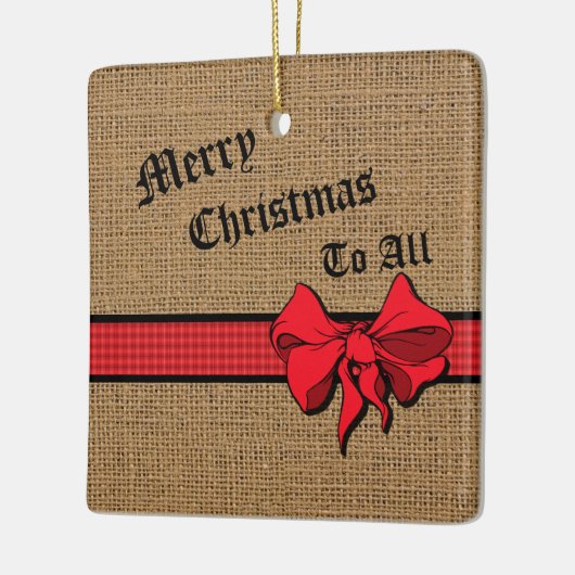 Rustikales Burlap Red Trial Personalisiert Keramikornament (Links)