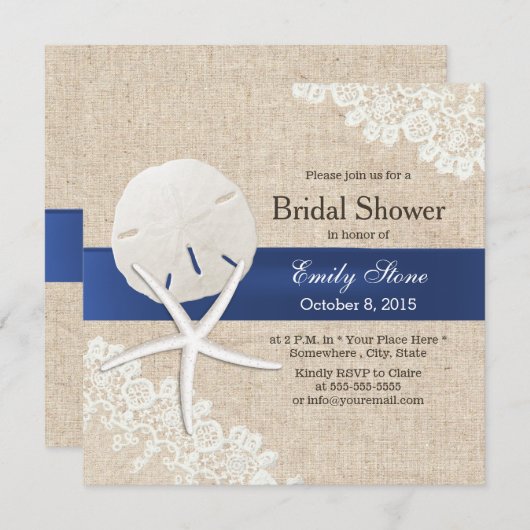 Rustikales Burlap Sand Dollar & Starfish Brautpart Einladung (Vorne/Hinten)