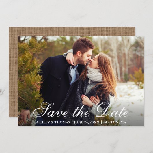 Rustikales Burlap Save the Date Couple Foto Einladung (Vorne/Hinten)