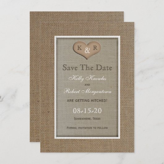 Rustikales Burlap Save the Date Einladung (Vorne/Hinten)